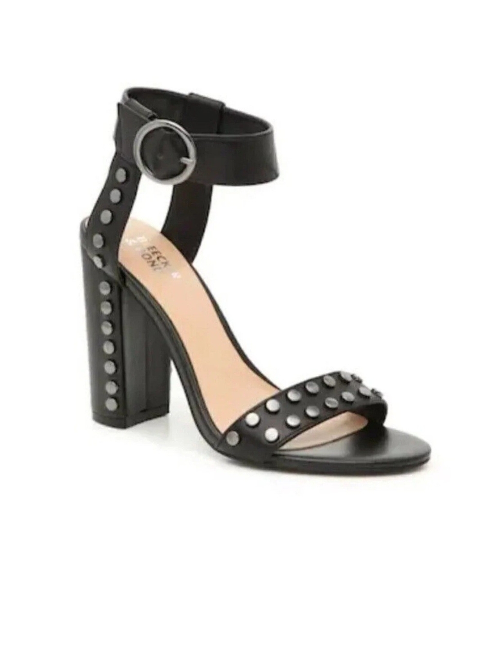 Studded Black Ankle-Strap Block Heel Sandal With Original Box
